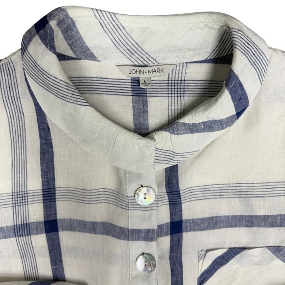 Women's JOHN MARK 100% Linen Plaid Bell Sleeve Tunic Shell Buttons- Size Large - Picture 2 of 7
